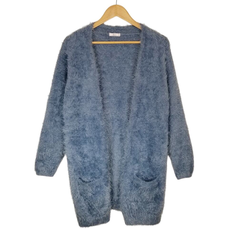Miss Etam Women's Open Front Eyelash Long Cardigan Soft Blue Size XL